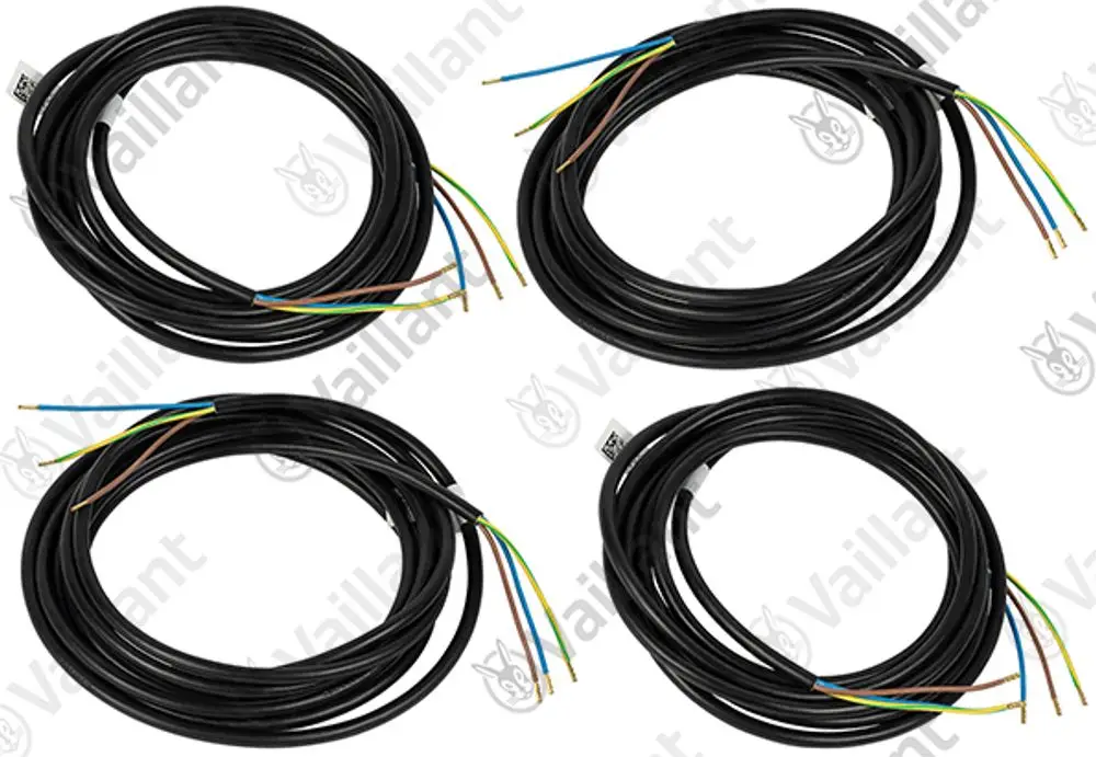 Vaillant Kabel in mehreren Längen, schwarz mit farbigen Leitungen (blau, grün, braun, gelb), für elektrische Anwendungen in Heizsystemen und anderen elektrischen Installationen.